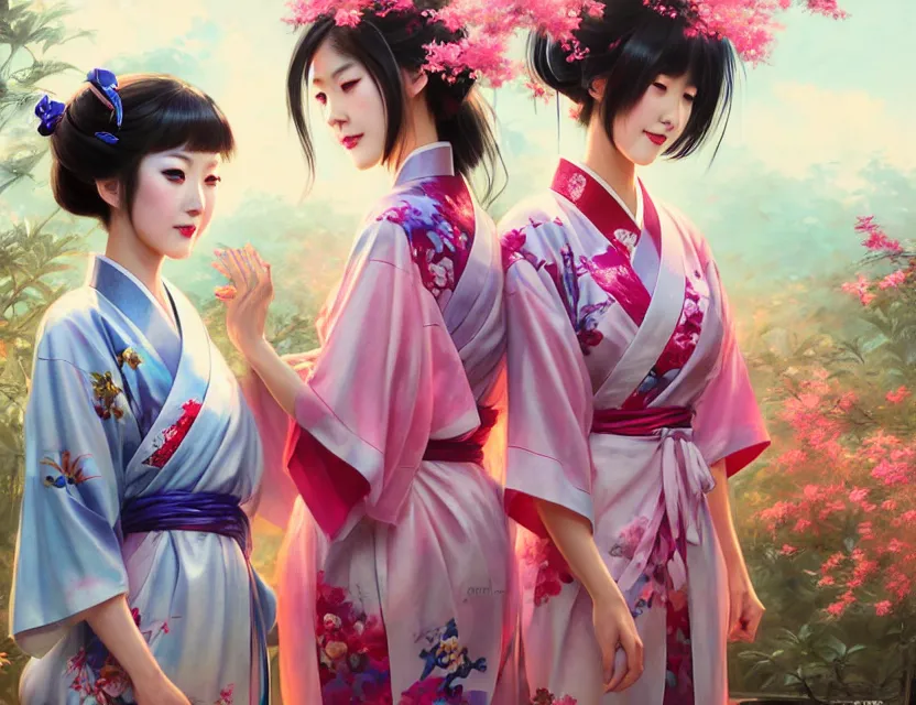 Image similar to two beautiful fashion taiwan girls wear fantasy yukata in festival | | big eyes, sunny, dreamlike art, realistic shaded, smile, good looking, fine details, 4 k realistic, cryengine, realistic shaded lighting poster by greg rutkowski, magali villeneuve, artgerm, jeremy lipkin and michael garmash and rob rey