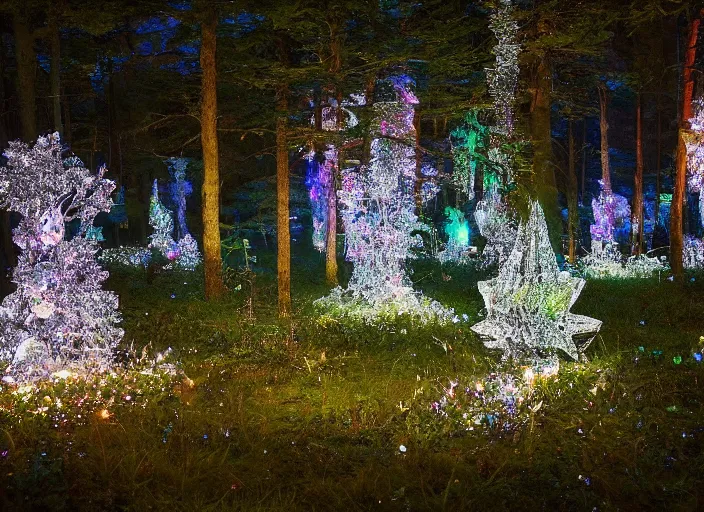 Prompt: a magical forest with occasional crystal flowers that glow in the dusk,