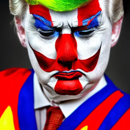 Image similar to Trump wearing clown makeup, XF IQ4, 150MP, 50mm, f/1.4, ISO 200, 1/160s, natural light, Adobe Photoshop, Adobe Lightroom, DxO Photolab, polarizing filter, Sense of Depth, AI enhanced, HDR