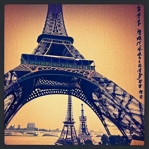 Prompt: eiffel “ tower in paris in the style of a woodblock print by the japanese ukiyo - e artist hokusai ”