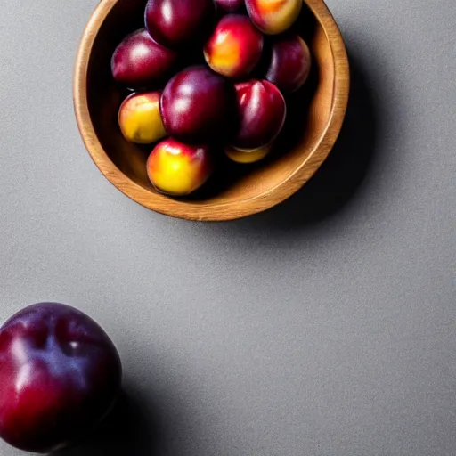 Image similar to photo of a thick porcelain bowl filled with a few moist freshly picked plums on a wooden table. volumetric lighting. 4 k. small scale. realistic. top down.