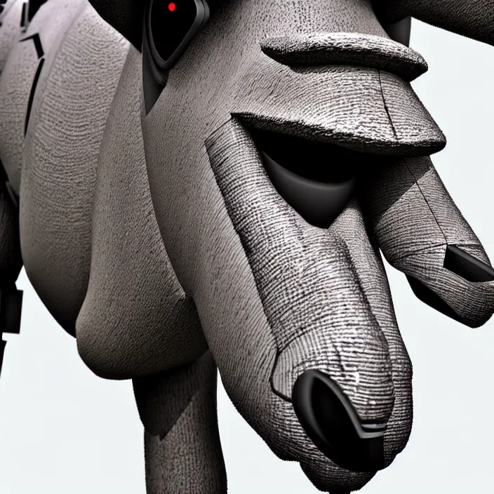 Prompt: evil robotic donkey is heroically looking into the camera blurry background 2 d digital vector art highly realistic highly detailed medium shot low angle