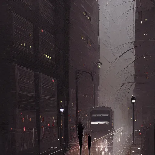 Image similar to dark city bus stop, by Pascal Campion,very detailed,ArtStation