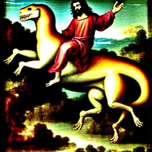 Image similar to Jesus riding a t-rex, renaissance painting, in the style of rococo, extremely detailed