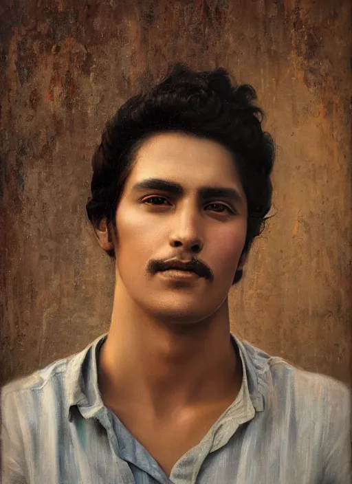 Image similar to portrait of a handsome mexico in old jalisco, painting by manuel sanjulian and tom bagshaw, oil on canvas, hyperrealism