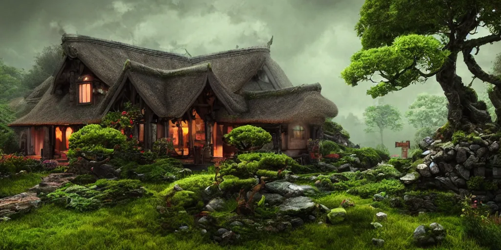 Image similar to Enchanted Irish cottage in a Bonsai garden, richly colored ominous fantasy by Tang Sin Yun, featured on artstation, 3D, digital art, insanely detailed, octane render, unreal engine