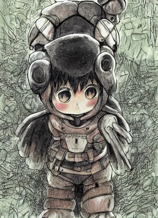 Prompt: beautiful little boy wearing an cyborg bear suit, artwork in kentaro miura and made in abyss and rosdraws and evangelion, smooth, beautiful lightness, anatomically correct, trending on pixiv, forest