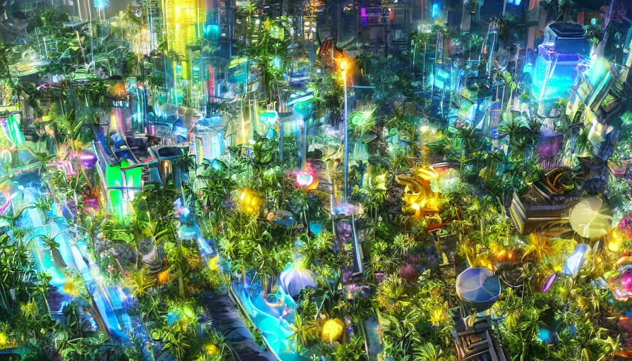 Prompt: Ecological city with neon lights built in the heart of a tropical island, hyperdetailed, artstation, cgsociety, 8k