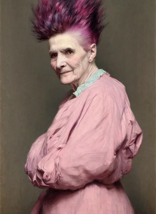 Image similar to a detailed portrait of old woman with a mohawk by edouard bisson, year, 1 9 0 0, pink hair, punk rock, oil painting, muted colours, soft lighting