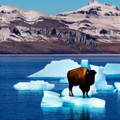 Prompt: photo of a bison on an iceberg in the ocean with peppermint candy sticking out of the sides of the iceberg, 5 0 mm, beautiful photo