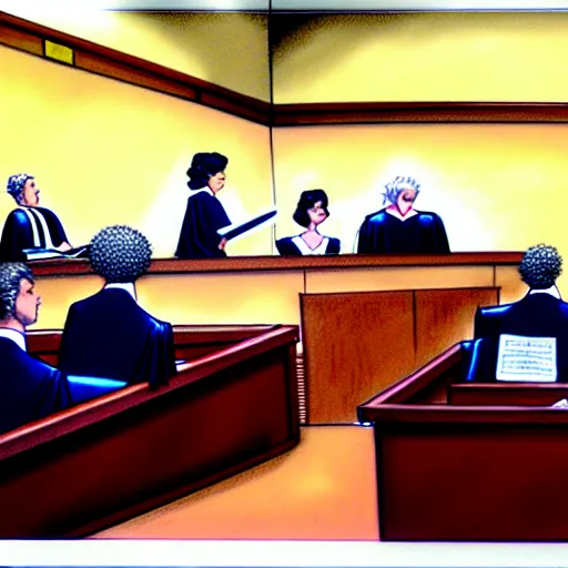 Prompt: [ prompt ridiculous courtroom scene drawn by marilyn church ]