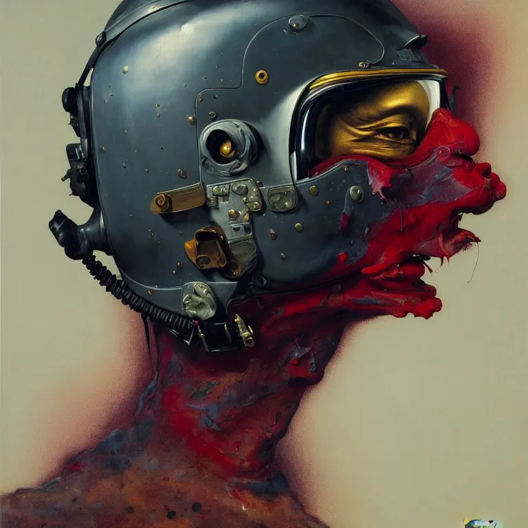 Image similar to hyperrealistic detailed higher angle portrait of a character in fighter pilot helmet, fighter jets, rich deep colors, ultra detail, by francis bacon, james ginn, petra courtright, jenny saville, gerhard richter, zdzisaw beksinski, takato yamamoto. masterpiece, elegant fashion studio ighting 3 5 mm