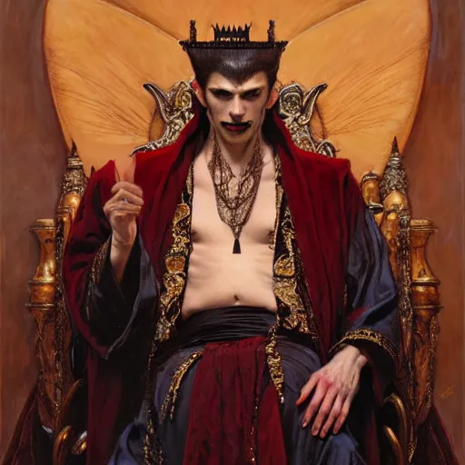 Image similar to perfectly centered portrait of attractive vampire king in a robe sitting on a throne of bones, highly detailed painting by gaston bussiere, craig mullins, j. c. leyendecker, 8 k