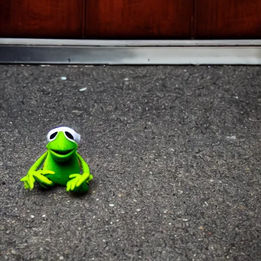 Image similar to street photography picture of a muppet kermit the frog laying in the doorway of an oppressive building. fugifilm 4 k close focus. distopia sad