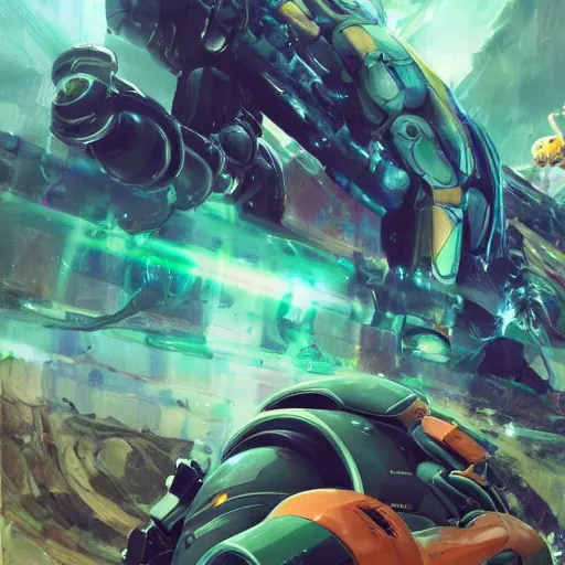 Prompt: highly detailed portrait of a hopeful mech suit Samus Aran with wavy blonde hair, by Dustin Nguyen, Akihiko Yoshida, Greg Tocchini, Greg Rutkowski, Cliff Chiang, 4k resolution, metroid inspired, mass effect inspired, vibrant but dreary green, orange, blue and black color scheme!!! ((blue sky with green metroid creatures background)),