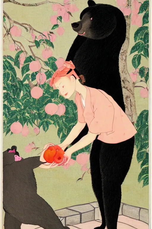 Image similar to a girl gives a peach to a large anthropomorphic asian black bear, in the style of foujita tsuguharu