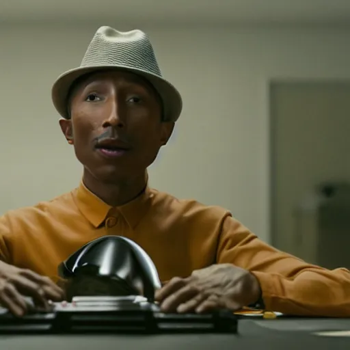 Image similar to cinematic film still of Pharrell Williams Making A Beat with an anthropomorphic alien, Japanese VFX, 2018, 400mm lens, f1.8, shallow depth of field,film photography