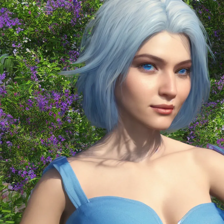 Image similar to “hyperrealistic ultra detailed unreal engine 5 RTX raytracing nvidia hairworks render of portrait of the most beutiful girl with blue eyes and white hair. She is in heavens garden”