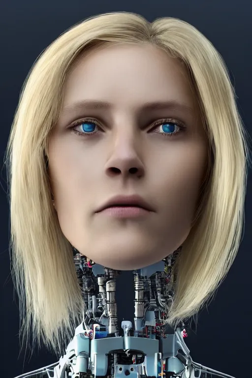 Image similar to robot with human face, female head, full body angle, woman human face, human face realistic, beautiful blonde hair, human head, human head with blonde hair, blonde hair human head, blonde hair, human realistic face, human head skin, cyborg frame concept, cyborg by ales-kotnik, sci-fi android female, the body is made of wires, robotic body, cyborg body, cyborg bust body, robot body cyborg, full body