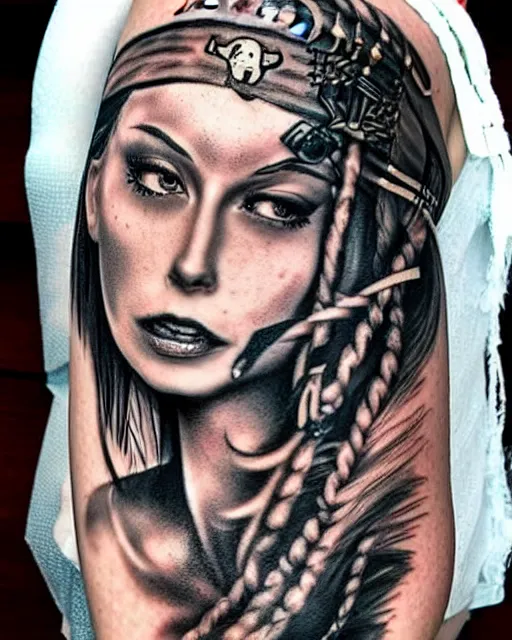 Prompt: A beautiful woman warrior faded on a background of a beautiful pirate ship, realism tattoo drawing, hyper realistic, shaded