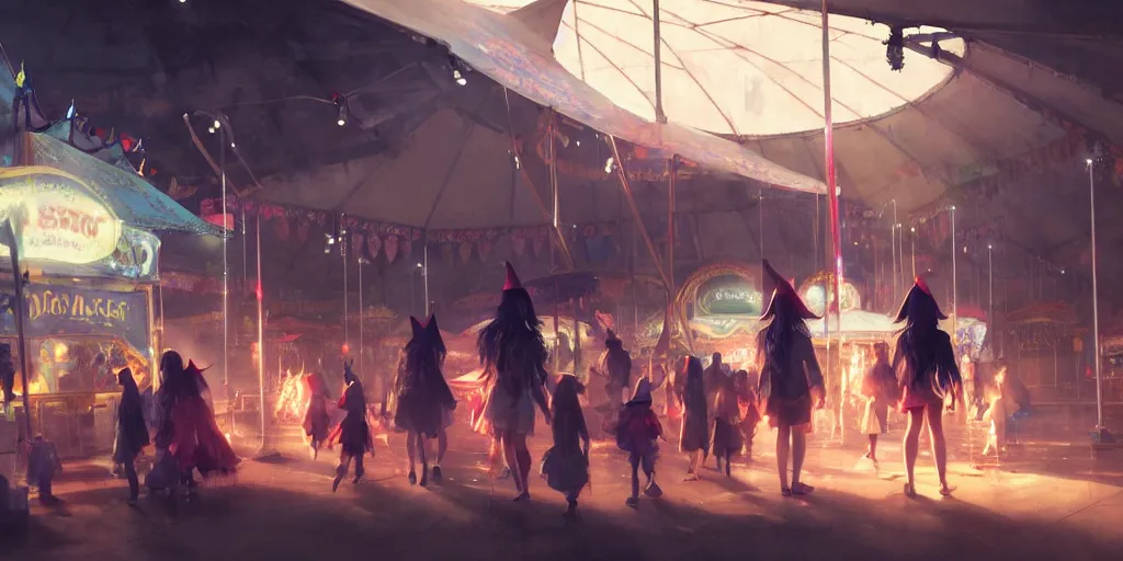 Image similar to close - up of student witches exploring and patrolling around a small carnival amusement, food stalls, big top circus tent, roaming entertainers, flashing lights, highly detailed, magical, japan mountains, digital painting, concept art, matte, art by ruan jia and wlop and greg rutkowski and makoto shinkai, masterpiece