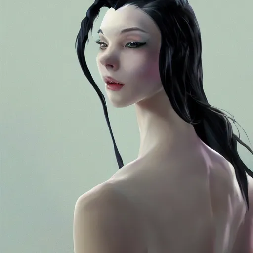 Image similar to tall woman with black hair and pale skin, from league of legends, as human, au naturel, hyper detailed, digital art, trending in artstation, cinematic lighting, studio quality, smooth render, unreal engine 5 rendered, octane rendered, art style by klimt and nixeu and ian sprigger and wlop and krenz cushart!