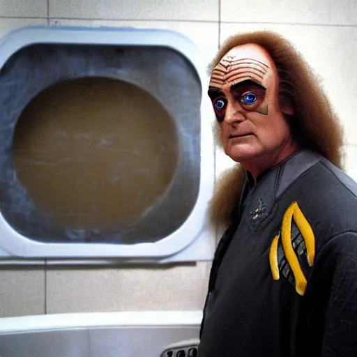 Prompt: portrait of Klingon Chancellor Gowron in full Klingon costume and makeup in a dirty gas station bathroom as he inspects a small round hole in the wall of the toilet stall