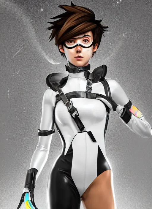 Image similar to portrait bust digital artwork of tracer overwatch, wearing white iridescent rainbow latex and leather straps catsuit outfit, 4 k, expressive happy smug expression, makeup, in style of mark arian, angel wings, wearing detailed black leather collar collar collar collar, chains, black leather harness, detailed face and eyes,