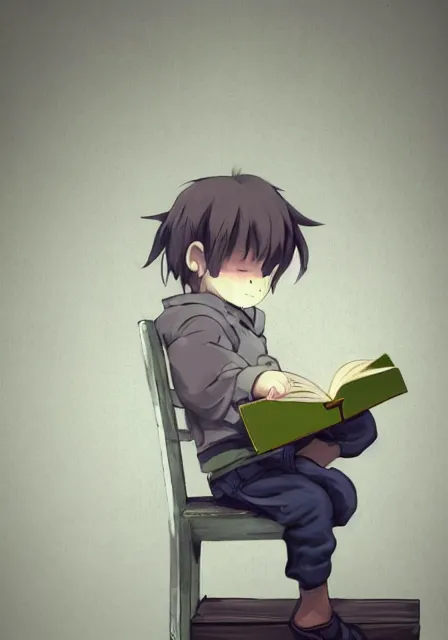 Image similar to beautiful little boy wearing sheep suit reading a book while sitting on chair, gray, blue, green and brown pallet color. made in abyss art style, inspired in kris from deltarrune, cute detailed artwork, anatomically correct, soft details, ilya kuvshinov, reflection, perfect composition, mobile wallpaper, low lighting, illumination