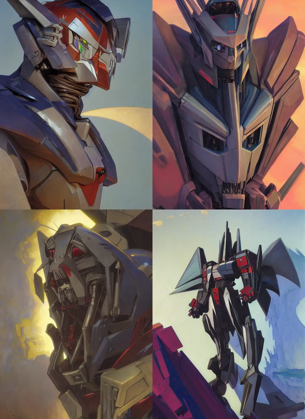 Image similar to Concept Art Portrait of G1 Transformers Animated Starscream! snarling seductively, Highly detailed by greg rutkowski, Ilya repin, alphonse mucha, and Edmund Blair Leighton. Very highly detailed 8K, octane, Digital painting, the golden ratio, rational painting, sharp