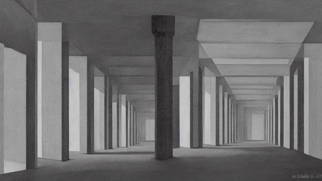 Prompt: minimalist industrial interior hallway with monolithic pillars in the style of ridley scott and stanley kubrick, realistic detailed painting by edward hopper