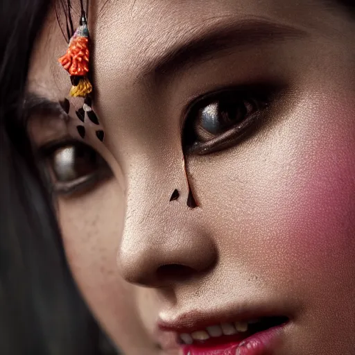 Image similar to portrait of a stunningly beautiful alluring asian tribal female, depth of field, zeiss lens, detailed, symmetrical, centered, fashion photoshoot, by Annie Leibovitz and Steve McCurry, David Lazar, Jimmy Nelsson, Breathtaking, 8k resolution, extremely detailed, beautiful, establishing shot, artistic, hyperrealistic, beautiful face, octane render