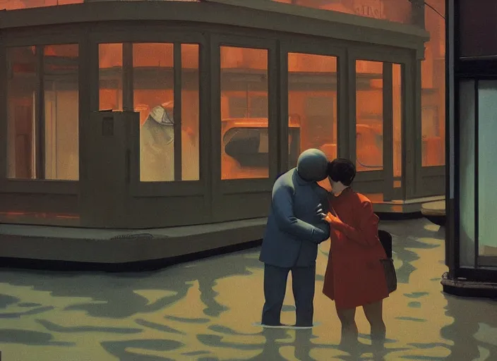 Prompt: spherical people kissing in gas masks at flooded gas station Edward Hopper and James Gilleard, Zdzislaw Beksinski highly detailed