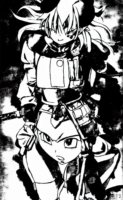 Prompt: manga, monochromatic, toriyama akira, the soldier girl character is talking