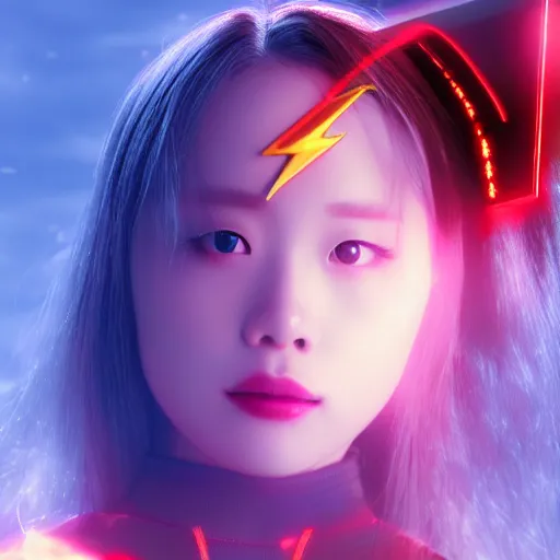 Prompt: realistic photo of Chuu from LOONA as The Flash, intricate, heroic pose, white fog, key lighting, 8k octane render
