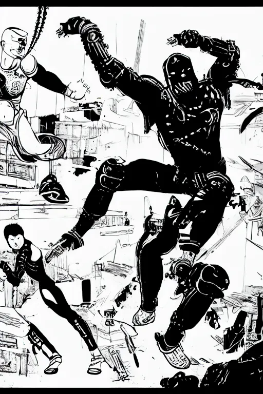 Image similar to cyborg ninja doing kung fu, a page from cyberpunk 2 0 2 0, style of paolo parente, style of mike jackson, adam smasher, johnny silverhand, 1 9 9 0 s comic book style, white background, ink drawing, black and white