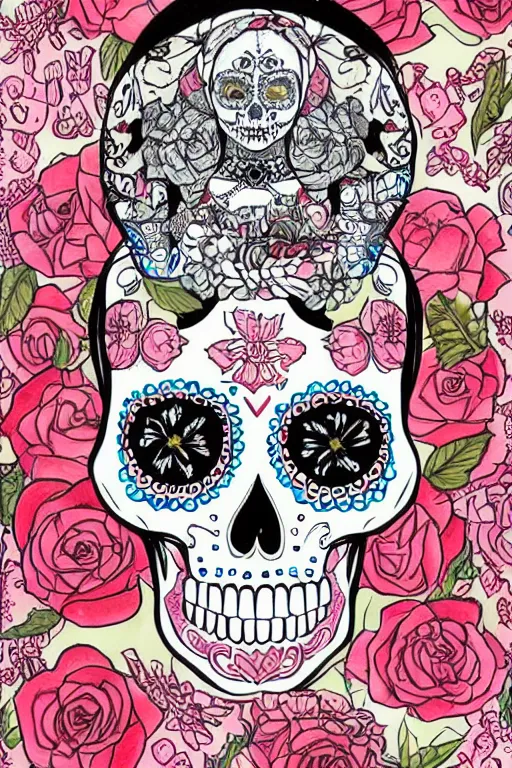 Prompt: Illustration of a sugar skull day of the dead girl, art by James Jean