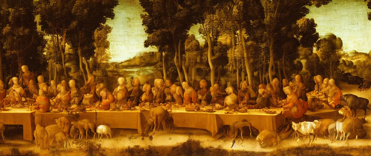 Image similar to A painting by Leonardo Da Vinci featuring a large group of animals sitting at the table, eating dinner. The table is standing in the forest. Golden hour, extremely detailed