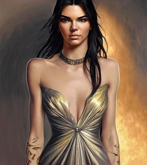 Image similar to kendall jenner wearing a golden dress, grey hair, red necktie, cinematic, stunning, highly detailed, digital painting, artstation, smooth, hard focus, full body shot, illustration, art by artgerm and greg rutkowski and alphonse mucha