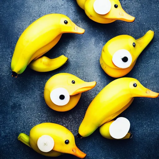 Image similar to professional photograph of banana ducks, peeled bananas with googly eyes and duck beaks