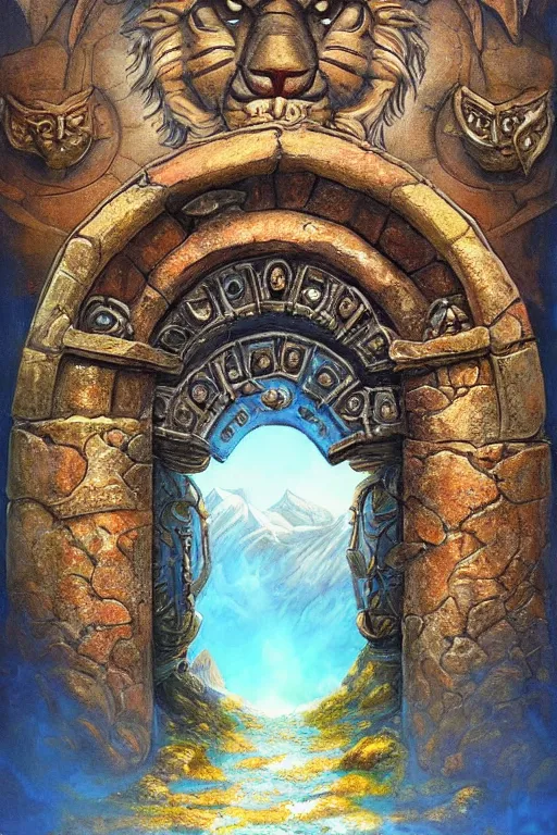 Image similar to A giant medieval fantasy blue energy portal gate with a rusty gold carved lion face at the center of it, the portal takes you to another world, full of colorful flowers on the lost Vibes and mountains in the background, spring, delicate fog, sea breeze rises in the air, by andreas rocha and john howe, and Martin Johnson Heade, featured on artstation, featured on behance, golden ratio, ultrawide angle, f32, well composed, rule of thirds, center spotlight, low angle view