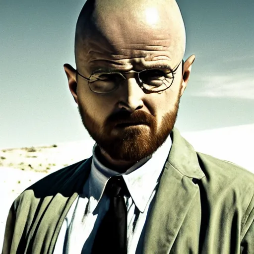 Prompt: Live Action Still of Aaron Paul dressed as and playing Walter White in Breaking Bad, real life, hyperrealistic, ultra realistic, realistic, highly detailed, epic, HD quality, 8k resolution, body and headshot, film still