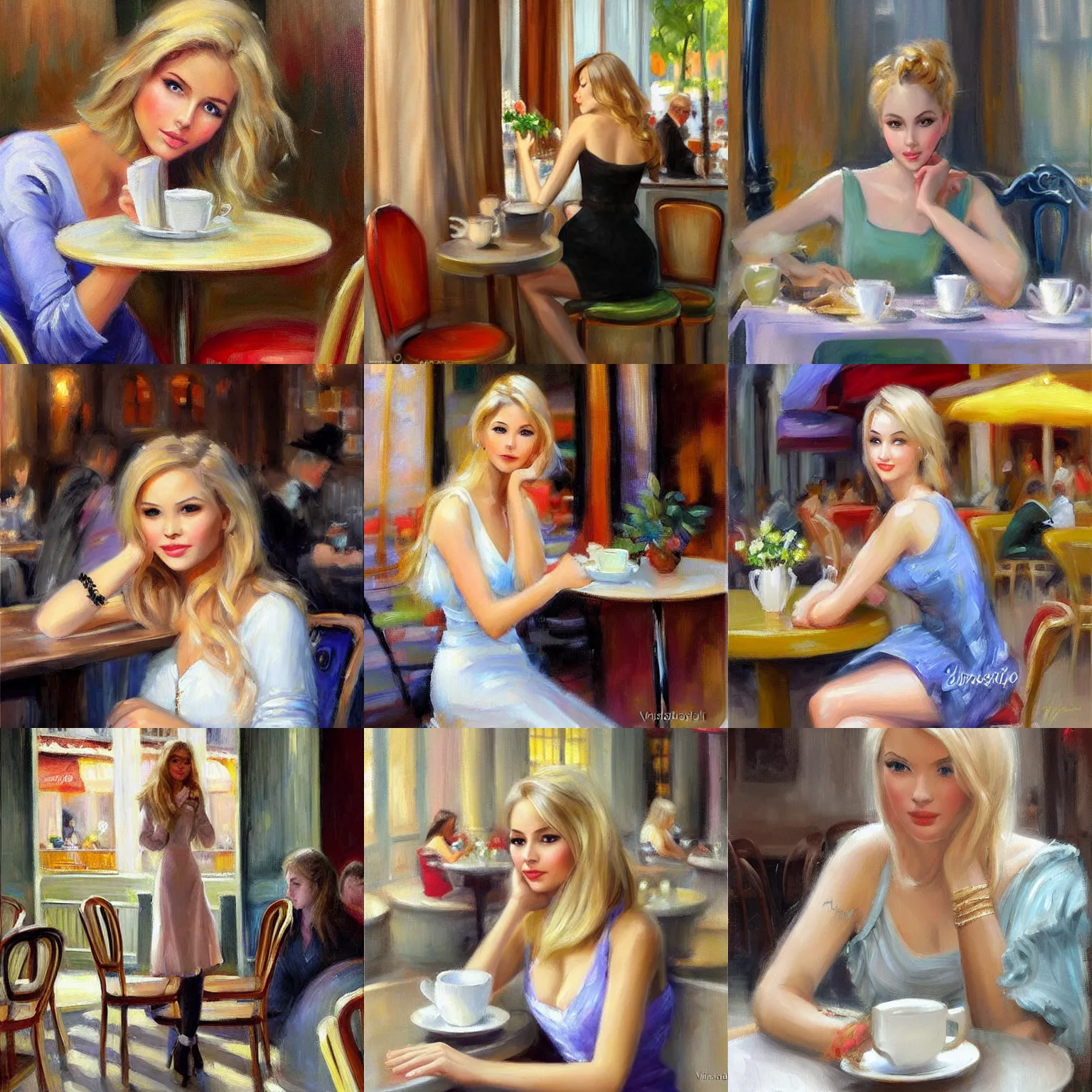 Prompt: mysterious blonde at a café in Paris, painting by Vladimir Volegov,
