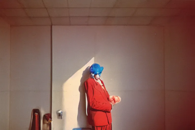 Prompt: close-up color film photography 1970s, sad clown stands in public bathroom, soft light, 35mm, film photo, Joel Meyerowitz