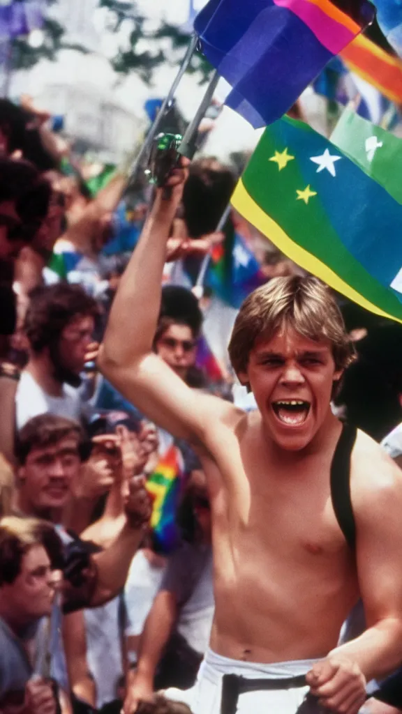 Image similar to rotj luke skywalker goes to pride, getty images, victorious, flags, parade, gay rights, bright smiles, daylight, twenty three year old luke skywalker at gay pride, 3 5 mm photography, very happy, smiling