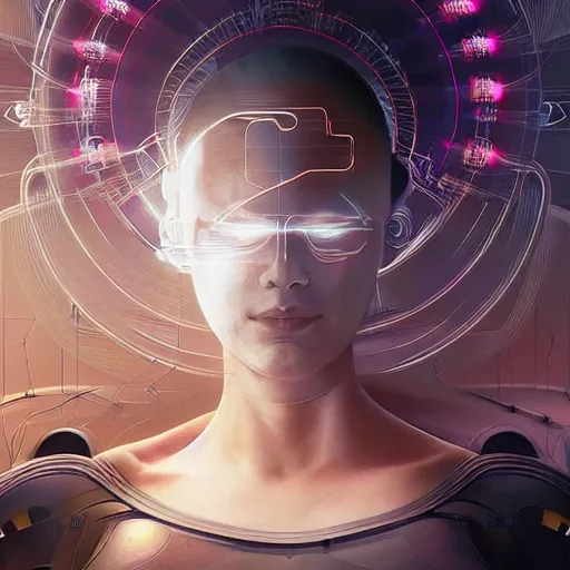 Image similar to Meditating cyborg with many cybernetic implants and wiring, lotus pose, techno-optimism, utopia, sci-fi, hyperrealist, centered, wide angle shot, detailed, intricate, digital painting by Greg Rutkowski, face by artgerm, digital art, trending on artstation, top post of all time on /r/transhumanism subreddit