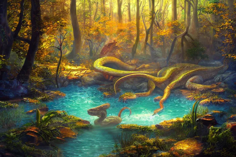 Image similar to highly detailed oil painting of a reptile sitting in a steaming colorful hotspring with woodland forest backdrop, featured on artstation