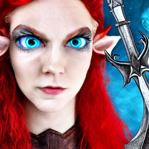 Image similar to a fantasy elf that is a wizard, holding a spell book and a dagger, with red hair, blue eyes, and is tall