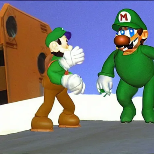 Image similar to a still of from the movie the thing ( 1 9 8 2 ) crossover with the game mario and luigi : partners in time