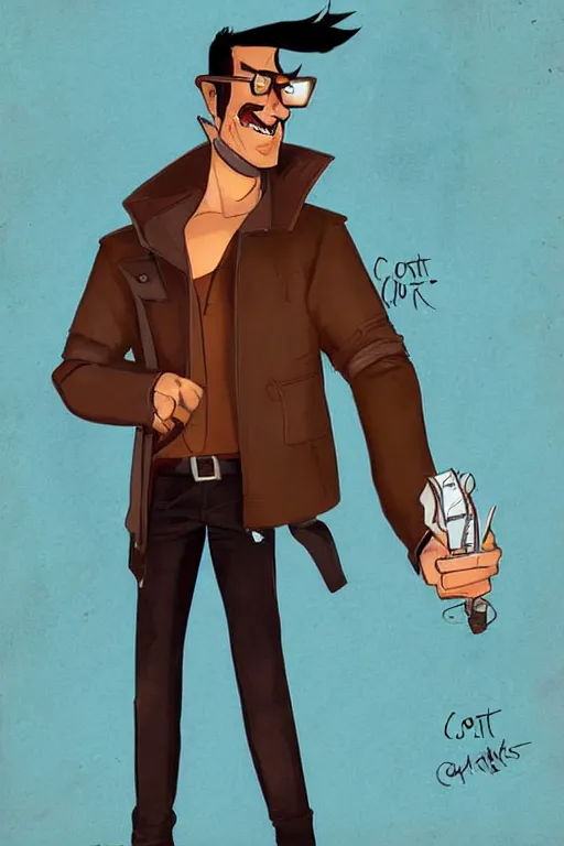 Image similar to a contract killer named cobalt who wears a brown leather jacket. art by cory loftis.